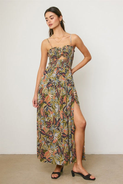 Fawn Sleeveless Cut Out Tropical Print Maxi Dress Green