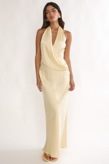 Thessaly Sleeveless Halter Open Back Maxi Dress Yellow