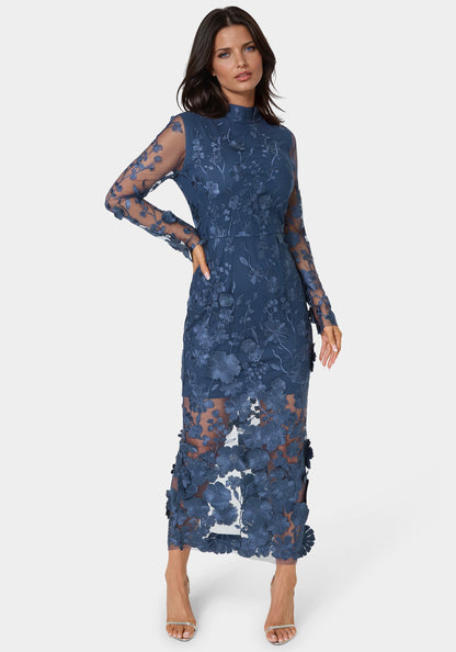 3D Floral Mockneck Midi Dress