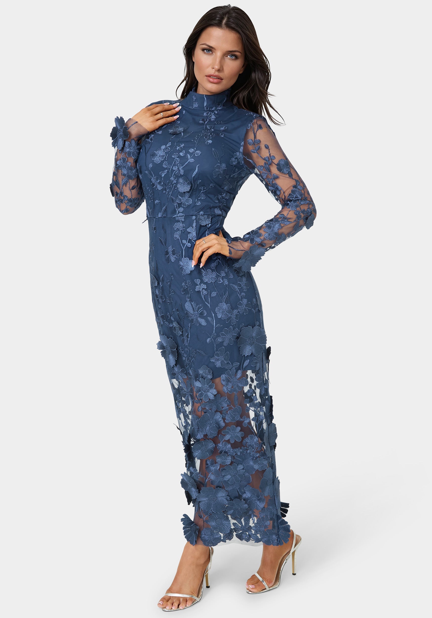 3D Floral Mockneck Midi Dress