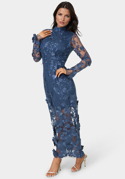 3D Floral Mockneck Midi Dress