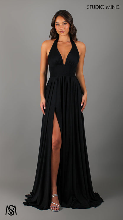 LOVE - Black Flowy Formal Dress with Plunge Neckline & Leg Split