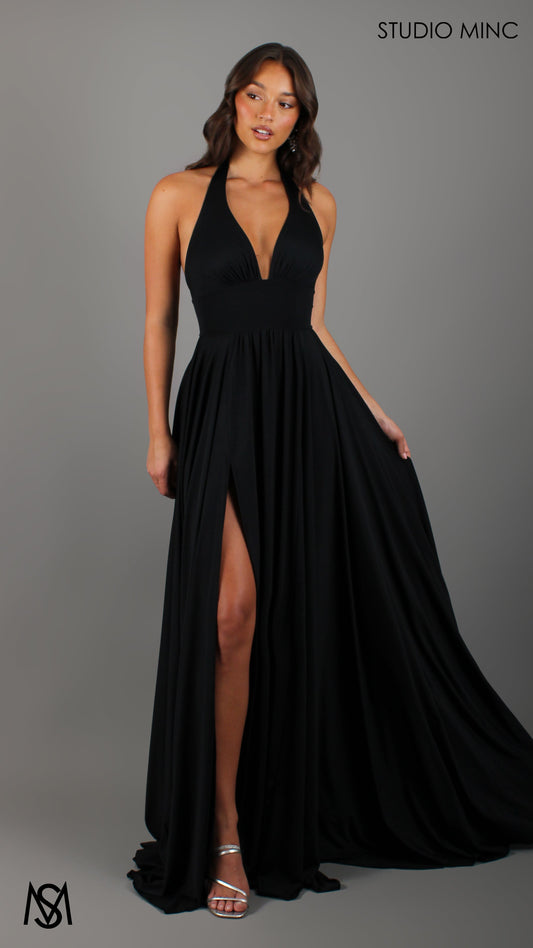 LOVE - Black Flowy Formal Dress with Plunge Neckline & Leg Split