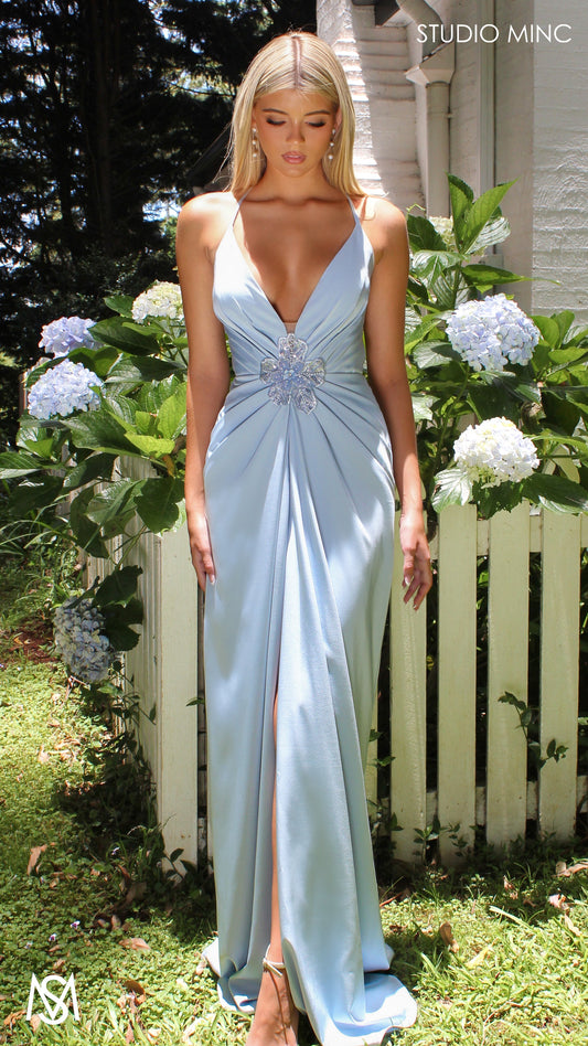 Bloom - Light Blue Formal dress | Plunge V neckline draping floral pearl detail