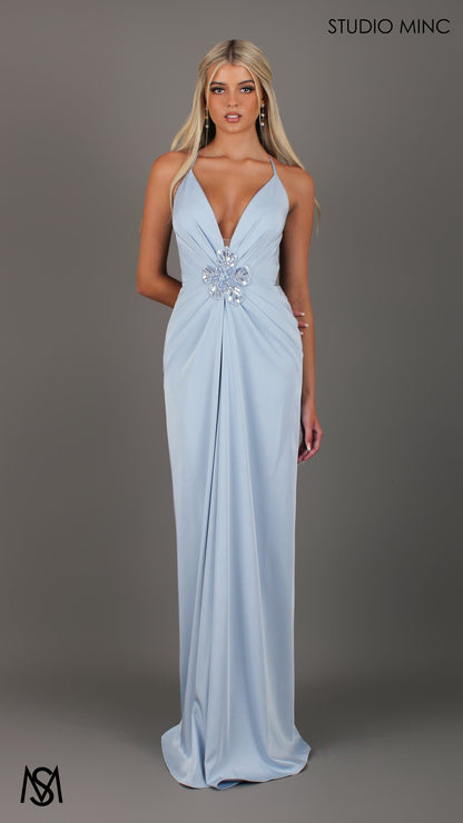 Bloom - Light Blue Formal dress | Plunge V neckline draping floral pearl detail