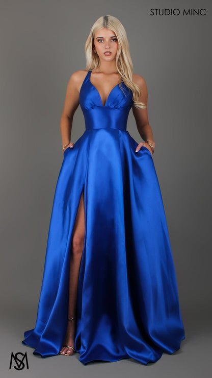 Riviera - Cobalt Blue formal dress | V Plunge neckline, backless Satin Gown with Pockets and leg slit