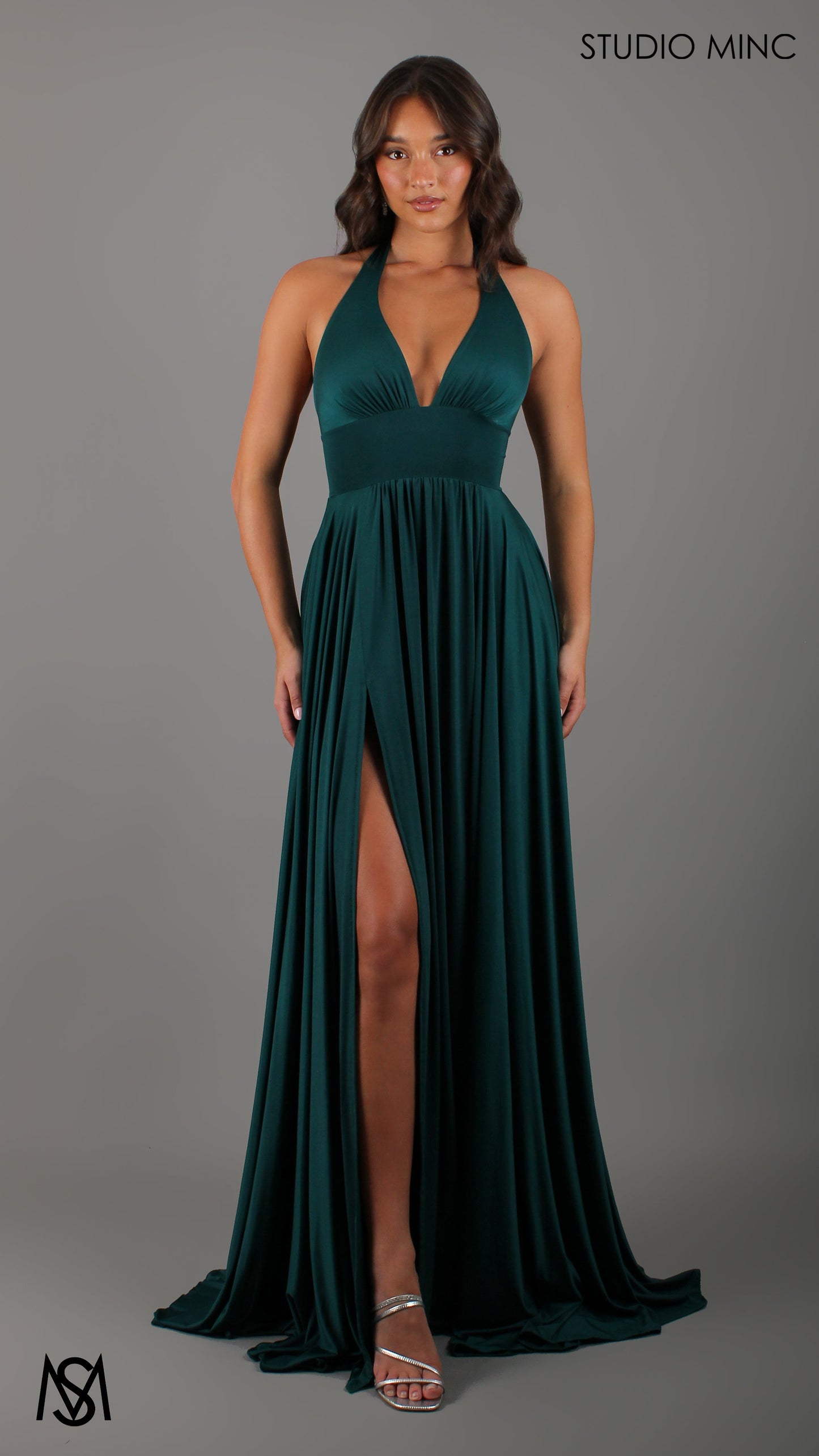 LOVE - Emerald Green Flowy Formal Dress with Plunge Neckline & Leg Split