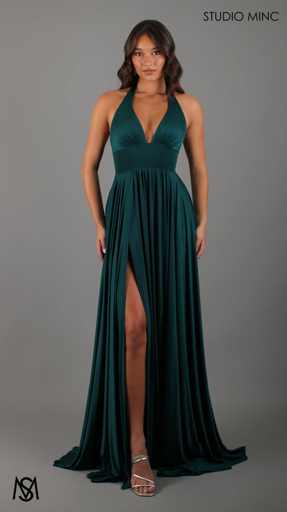 LOVE - Emerald Green Flowy Formal Dress with Plunge Neckline & Leg Split
