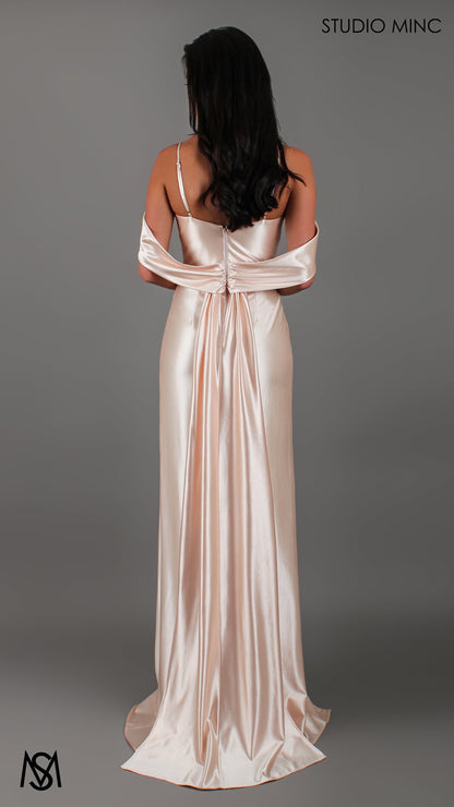 Opulence - Champagne Gold Formal Dress, Satin V Neckline, arm drapes and leg slit