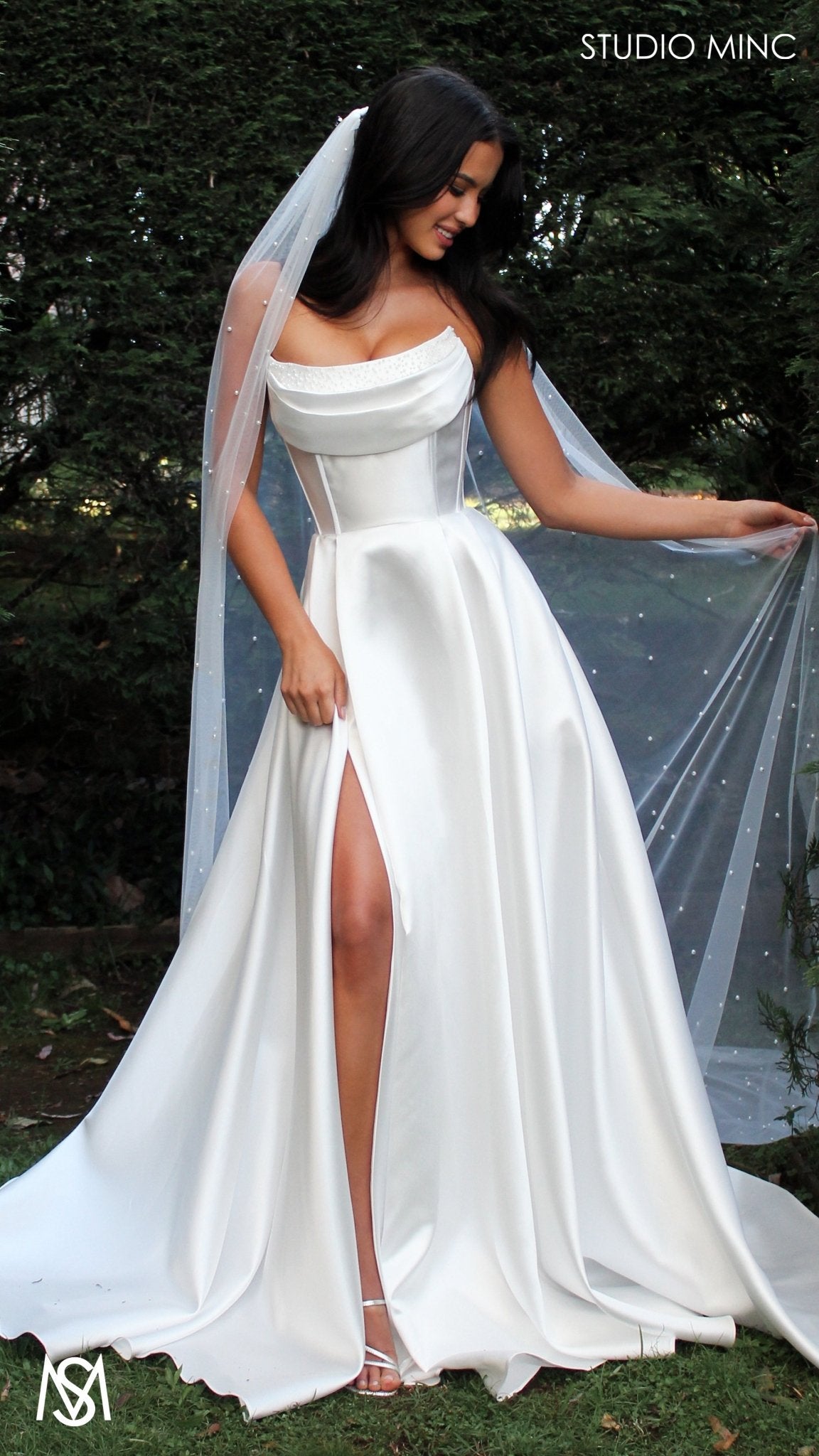 Honey -  Wedding Dress | Strapless corset pearl detail Mikado satin gown