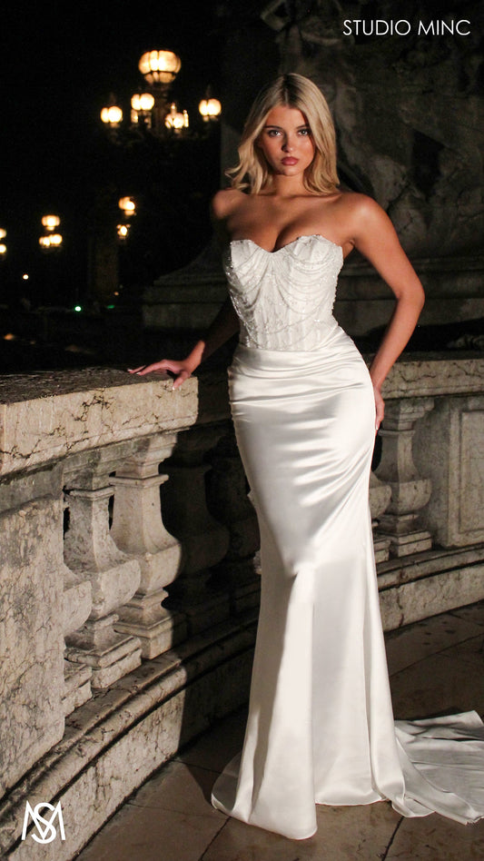 Lumiere - White Wedding Dress | Beaded Corset Satin Fitted Draped Mermaid Skirt
