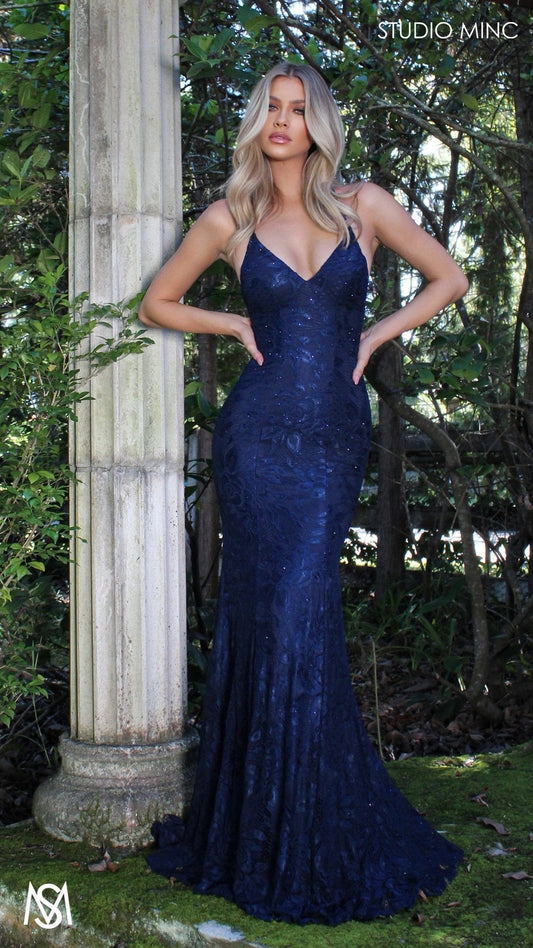 Jasmine - Navy Blue formal dress | lace V neckline fitted mermaid lace up