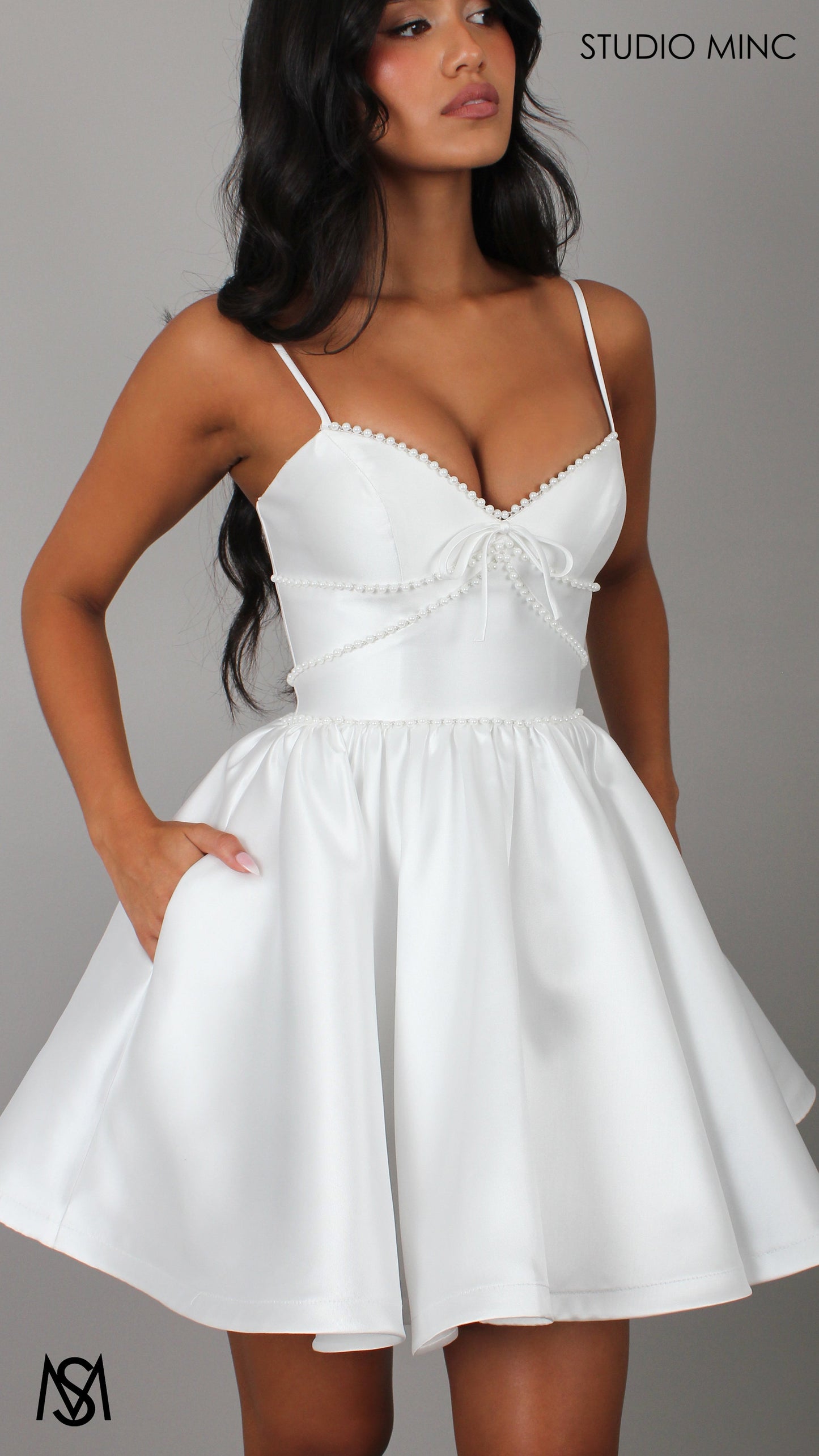 Petite - Bridal Mini | White Satin V neck, Corset, Pearl trim, Party Dress