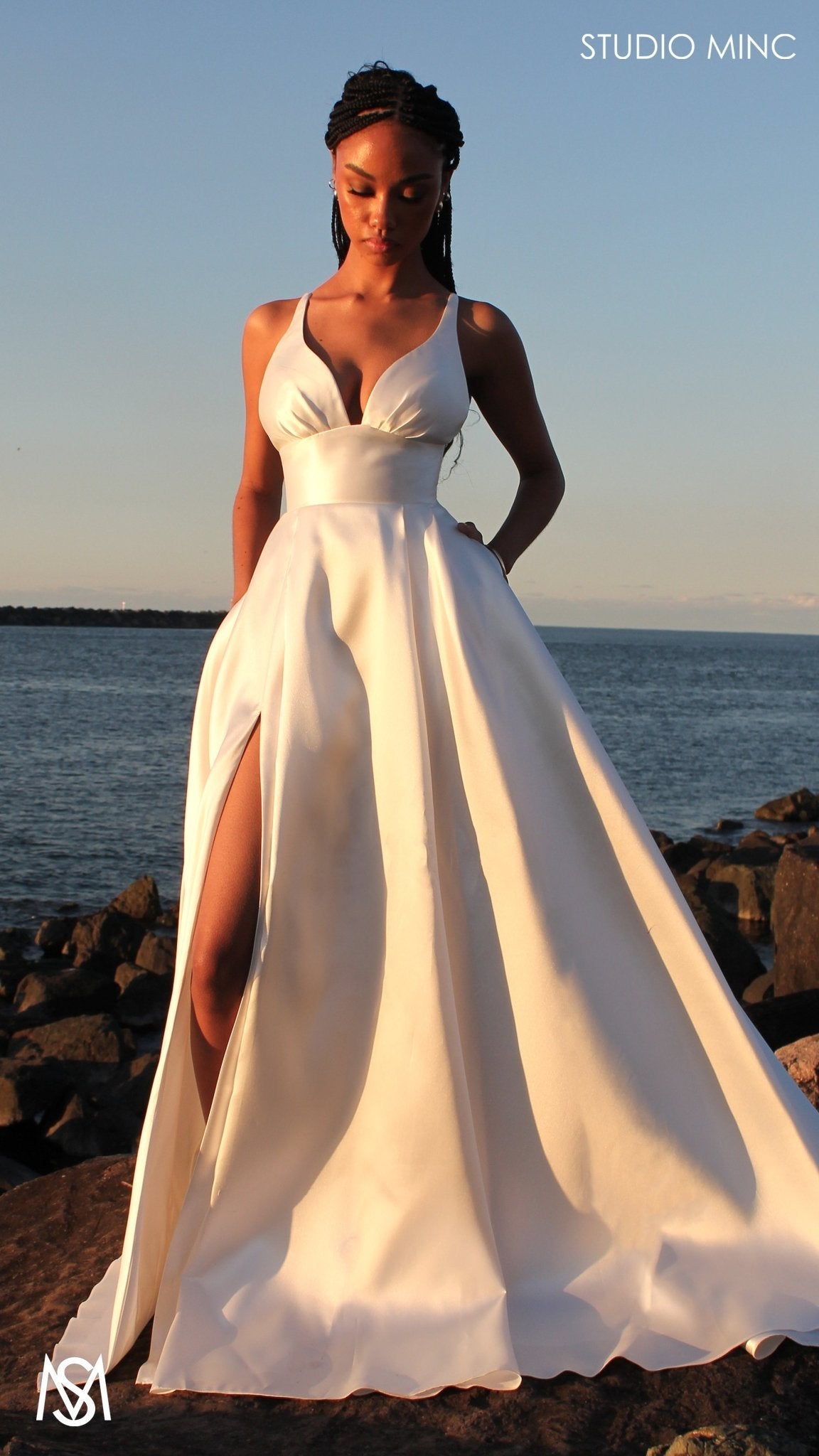 Riviera - Wedding Dress | Rice White V Plunge neckline, Satin Gown with Pockets and leg slit