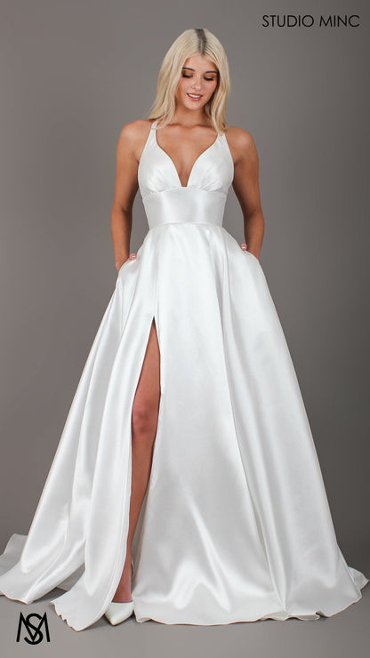 Riviera - Wedding Dress | Rice White V Plunge neckline, Satin Gown with Pockets and leg slit