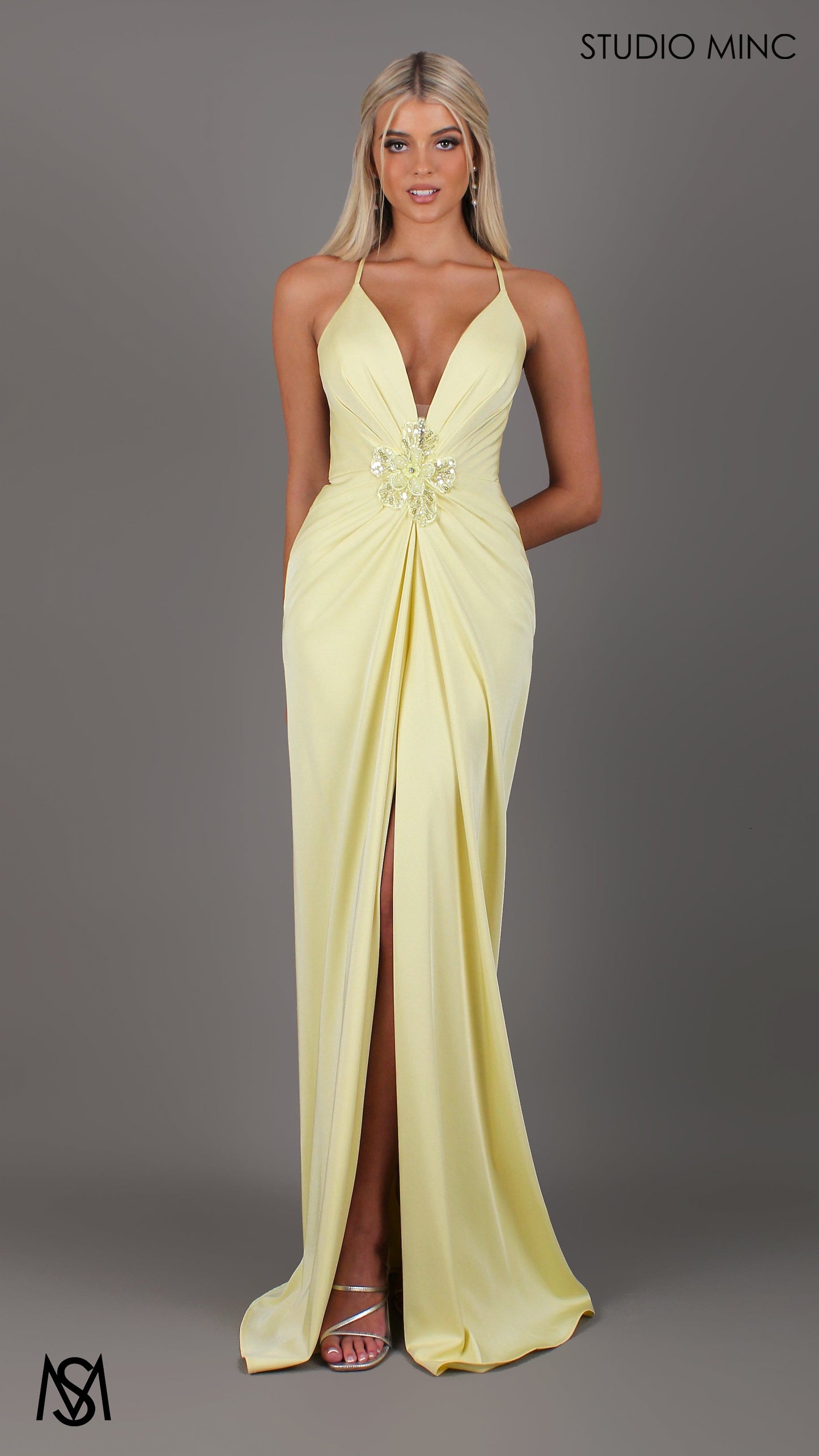 Bloom - Light Yellow Formal dress | Plunge V neckline draping floral pearl detail
